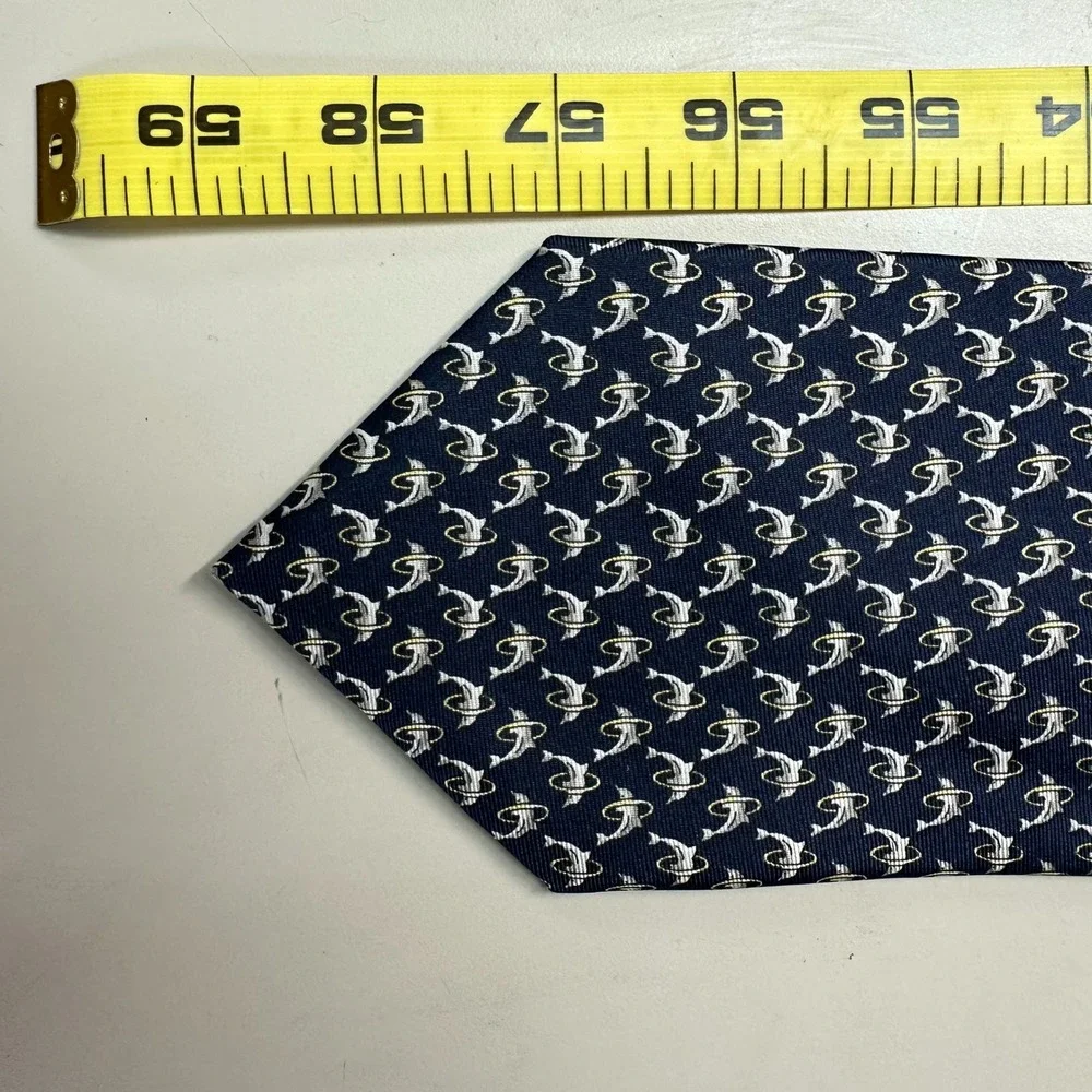 Brooks Brothers Makers Navy Blue Silk Dolphin Hoop Pattern Tie Made in USA